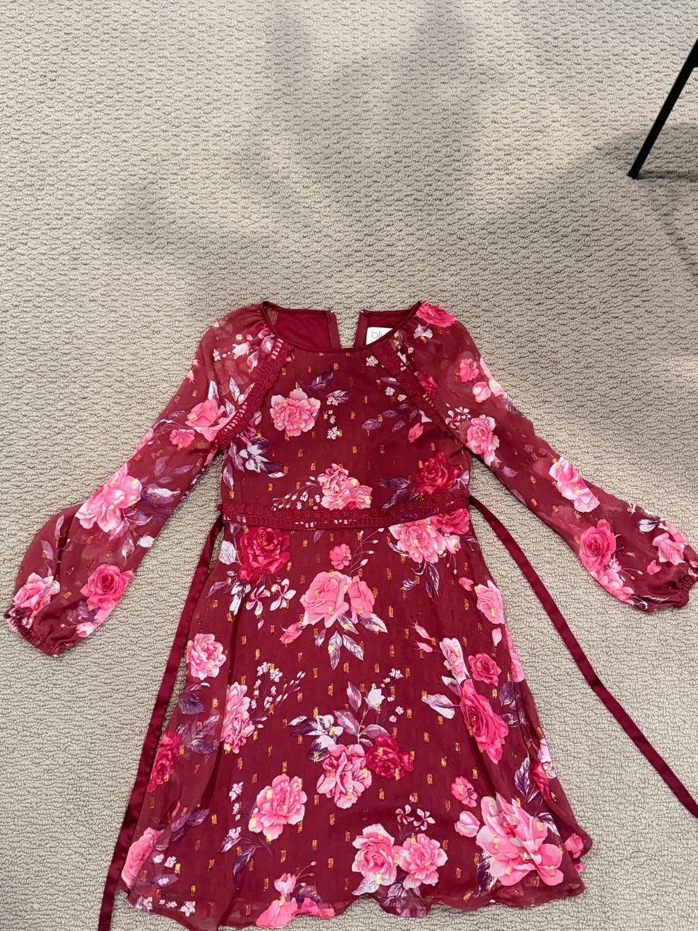 Bundle (2)Girls' Floral Long Sleeve Burgundy Dress